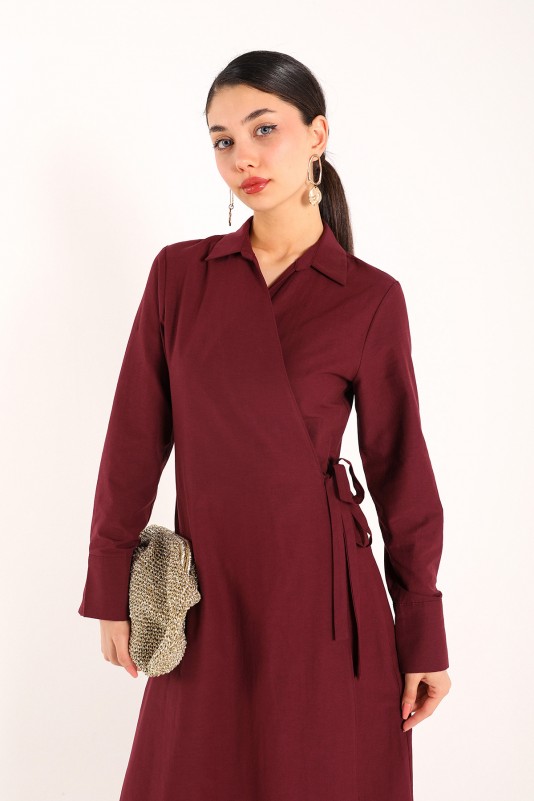 BORDO Bağlamalı Poplin Elbise 3-3015