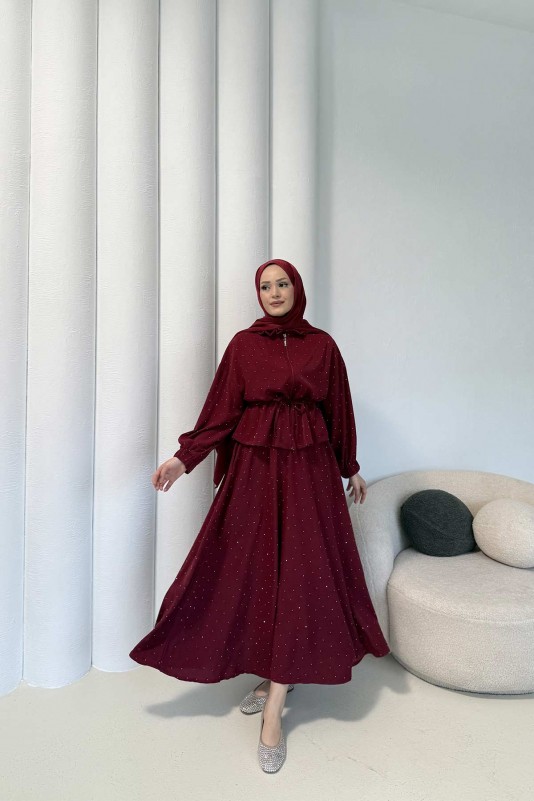 BORDO Taşlı Dubai Etekli Takım 32-3535