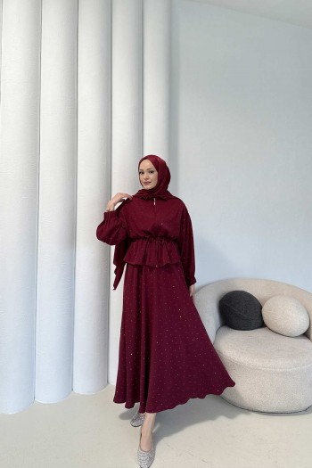 BORDO Taşlı Dubai Etekli Takım 32-3535