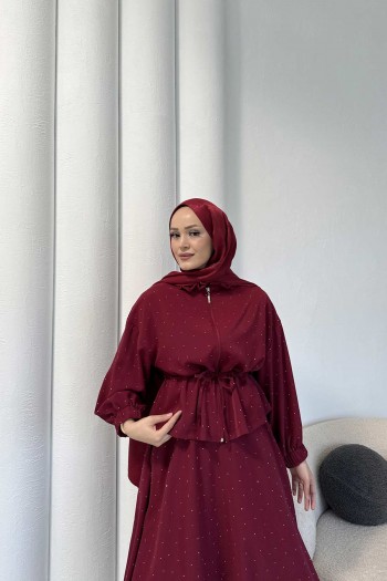 BORDO Taşlı Dubai Etekli Takım 32-3535